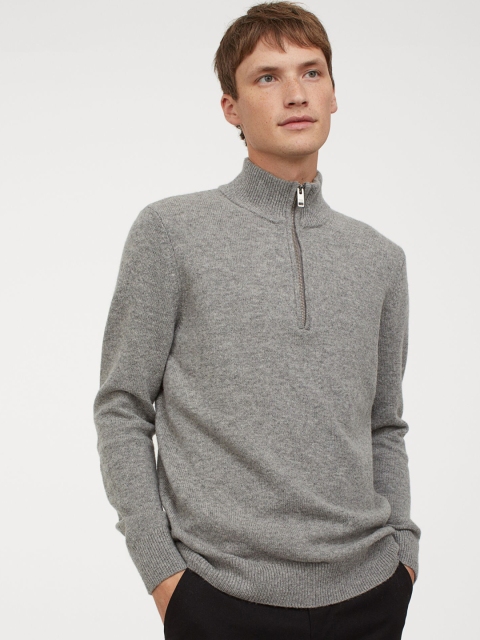 

H&M Men Grey Solid Collared Wool Jumper