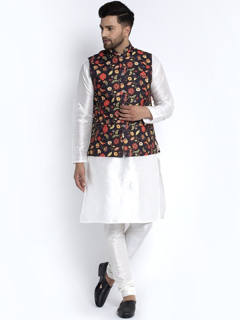 

Benstoke Men White & Black Printed Kurta with Churidar & Nehru Jacket
