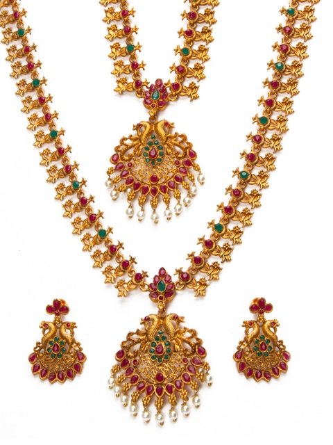 

Alankruthi Gold-Plated Red & Green Stone-Studded Temple Jewellery Set