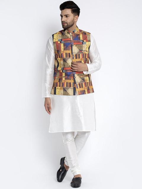 

Benstoke Men White Solid Kurta with Churidar & Nehru Jacket