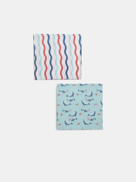 

Kaarpas Infant Kids Pack of 2 Multicoloured Printed Organic Cotton Muslin Swaddle, Blue
