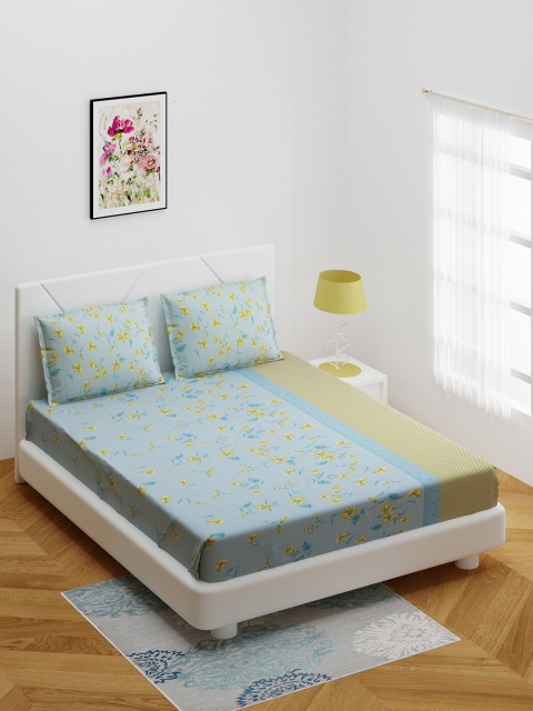 

BOMBAY DYEING Blue & Green Floral Printed 210 TC Cotton 1 Queen Bedsheet With 2 Pillow Covers