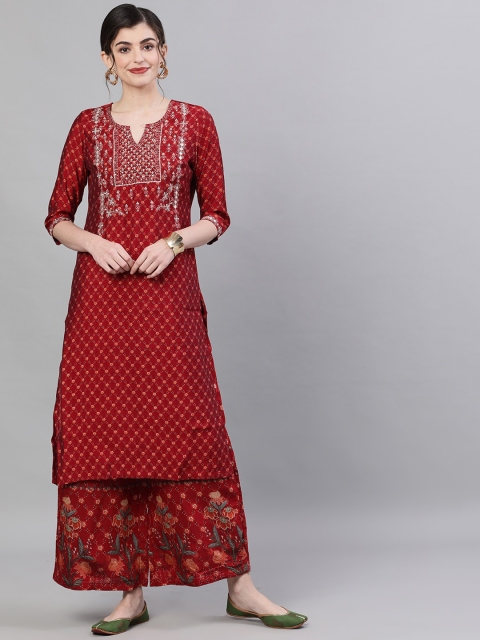 

Ishin DESIGNER STUDIO Women Maroon Printed Kurta with Palazzos
