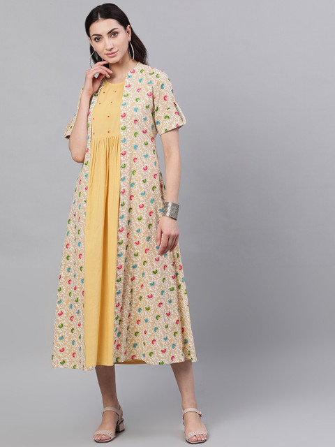 

Nayo Women Yellow Printed A-Line Dress with Longline Shrug