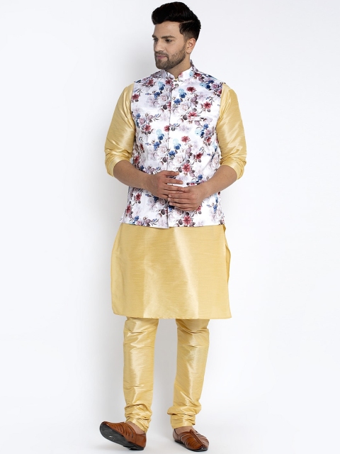

Benstoke Men Gold-Toned & White Solid Kurta with Churidar & Nehru Jacket