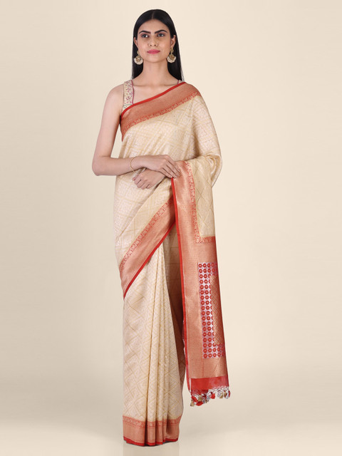 

Shruti and Mangaaysh Gold-Toned & Red Pure Silk Woven Design Banarasi Saree