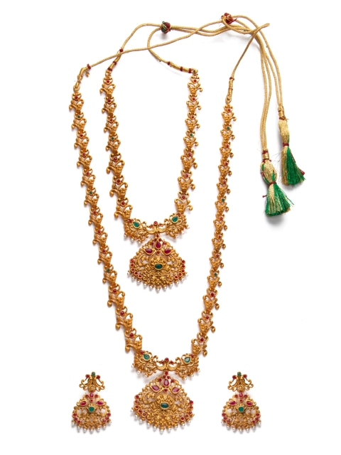

Alankruthi Gold-Plated Pink & Green Stone-Studded Textured Temple Jewellery Set