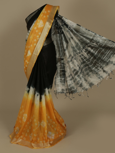 

Pothys Black & Yellow Linen Blend Printed Saree