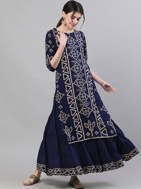 

Ishin DESIGNER STUDIO Women Navy Blue & White Embroidered Kurta with Skirt