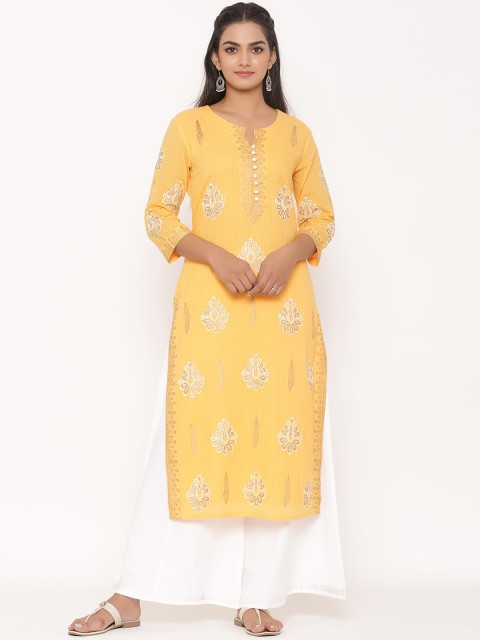 

fabGLOBAL Women Yellow & White Printed Kurta with Palazzos