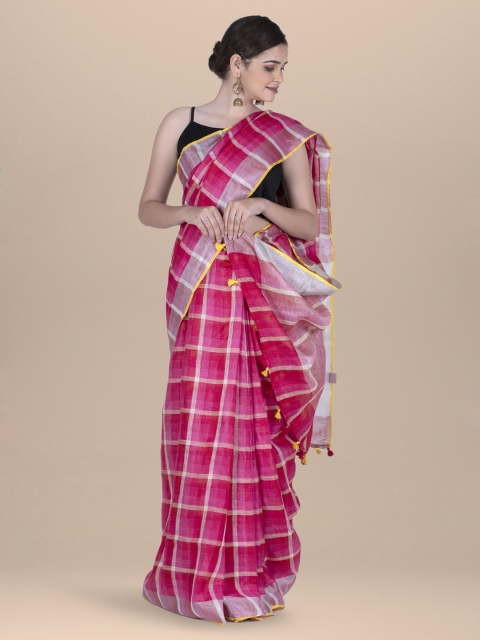 

BharatSthali Pink & Red Pure Linen Checked Bhagalpuri Saree
