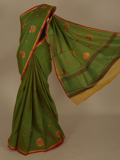 

Pothys Green Embroidered Jute Silk Saree