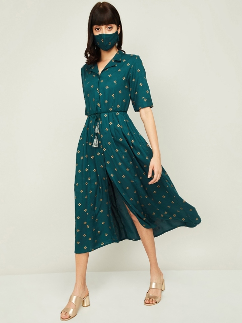 

Colour Me by Melange Women Teal Printed A-Line Dress With Matching Mask