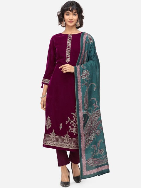 

Stylee LIFESTYLE Women Burgundy & Green Embroidered Unstitched Velvet Dress Material
