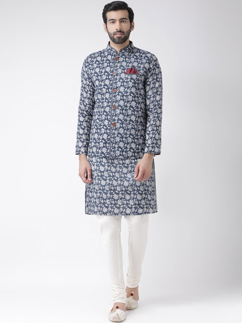 

Vartah Men Navy Blue & White Solid Kurta with Pyjamas & Nehru Jacket
