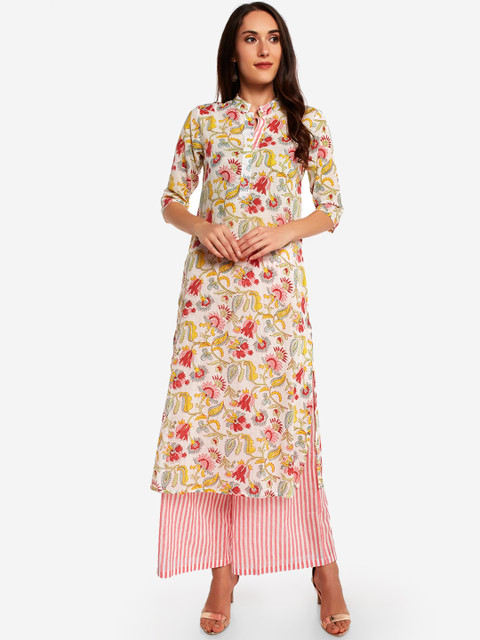

Desi Weavess Women White & Pink Printed A-Line Kurta