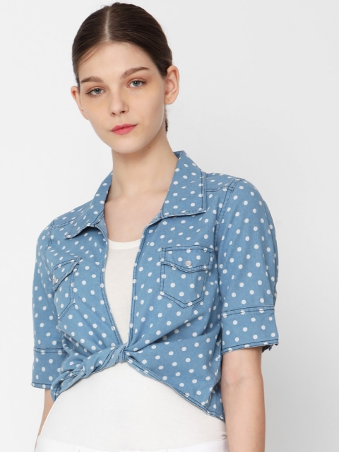 Deal Jeans Women Blue & White Printed Cropped Denim Shrug