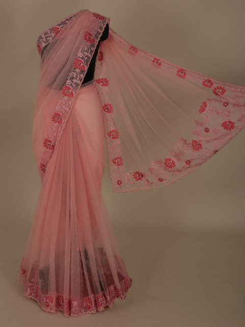 

Pothys Pink & Red Jute Silk Embroidered Saree