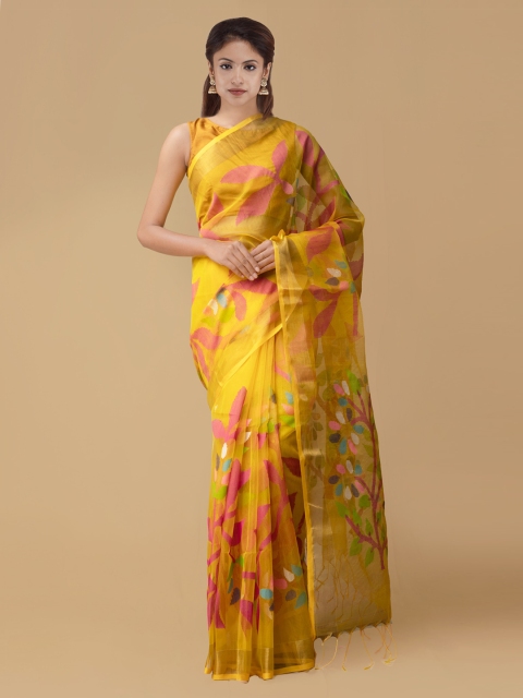 

Unnati Silks Yellow & Pink Silk Cotton Printed Maheshwari Saree