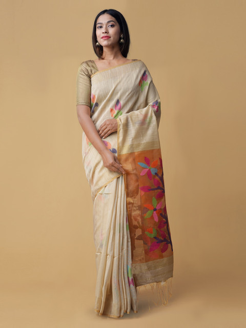 

Unnati Silks Cream-Coloured Woven Design Maheshwari Saree