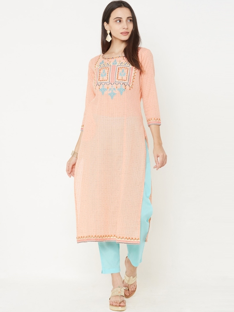 

FASHOR Women Peach-Coloured & Green Embroidered Kurta with Trousers
