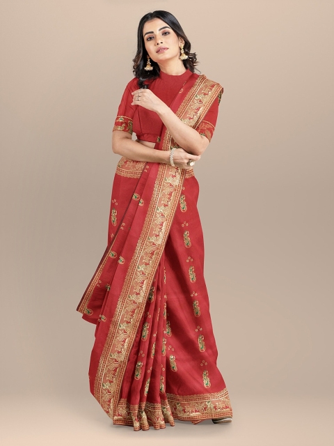 

BharatSthali Red & Gold-Toned Silk Cotton Woven Design Baluchari Saree