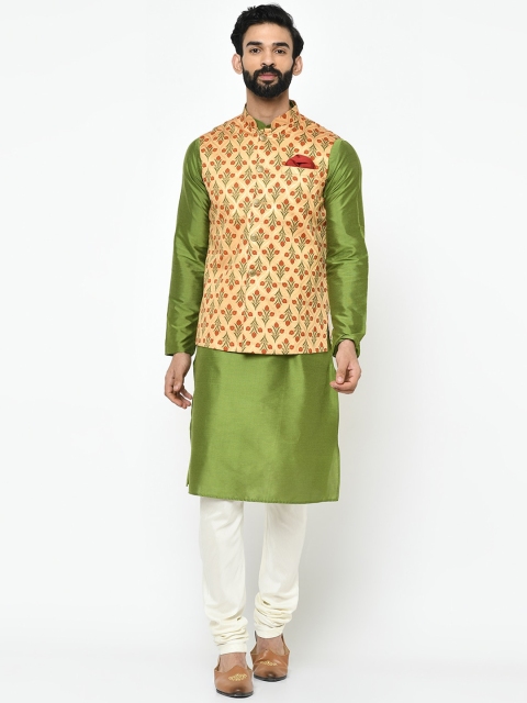 

Vartah Men Green & Off-White Solid Kurta with Churidar & Nehru Jacket
