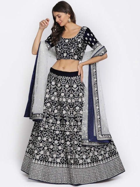 

Koskii Women Navy Blue & Silver-Coloured Embellished Semi-Stitched Lehenga & Blouse with Dupatta