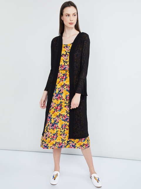 

max Women Black Self-Design Open Front Longline Shrug