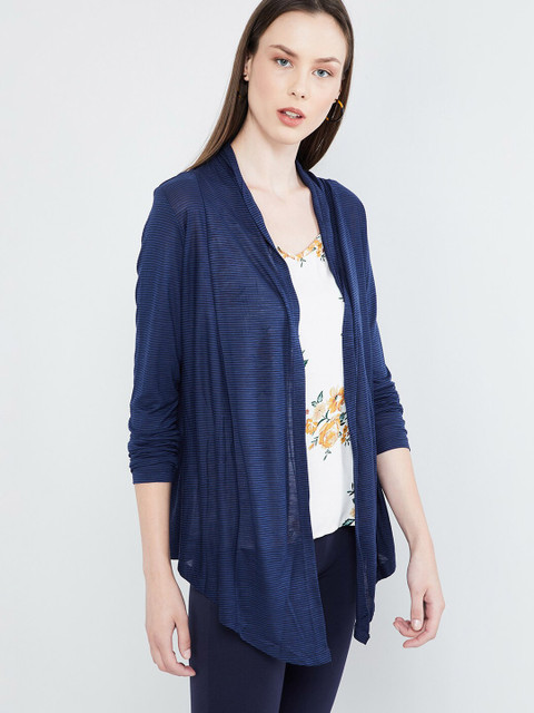 

max Women Blue Striped Open Front Shrug