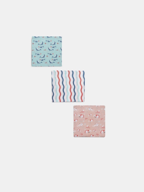 

Kaarpas Infant Kids Pack Of 3 Multicoloured Printed Organic Muslin Cotton Swaddles, Blue