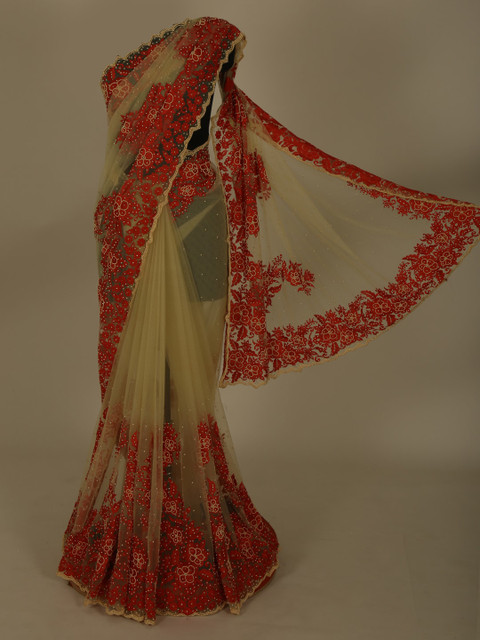 

Pothys Beige & Red Jute Silk Embellished Saree
