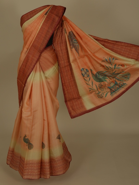 

Pothys Peach-Coloured & Rust Orange Jute Silk Embroidered Saree
