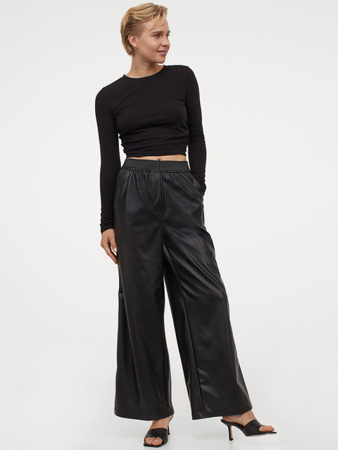 

H&M Women Black Solid Imitation Leather Trousers