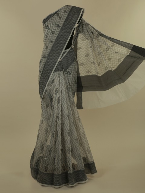 

Pothys Cream-Coloured & Green Supernet Printed Saree
