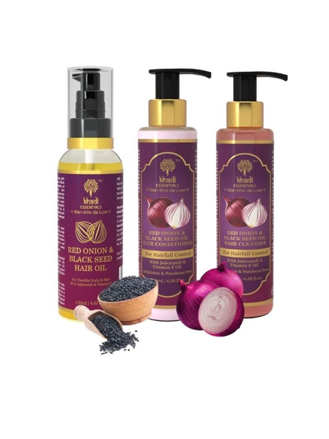 

KHADI ESSENTIALS Red Onion & Black Seed Hair Oil, Shampoo & Conditioner Set 520 ml, Purple