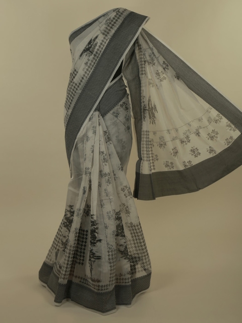 

Pothys Cream-Coloured & Olive Green Supernet Printed Saree