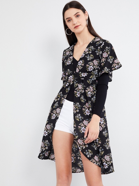 

max Women Black & Pink Printed Buttoned-Up Longline Shrug
