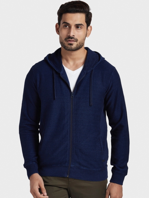 

ColorPlus Men Blue Striped Hooded Sweatshirt