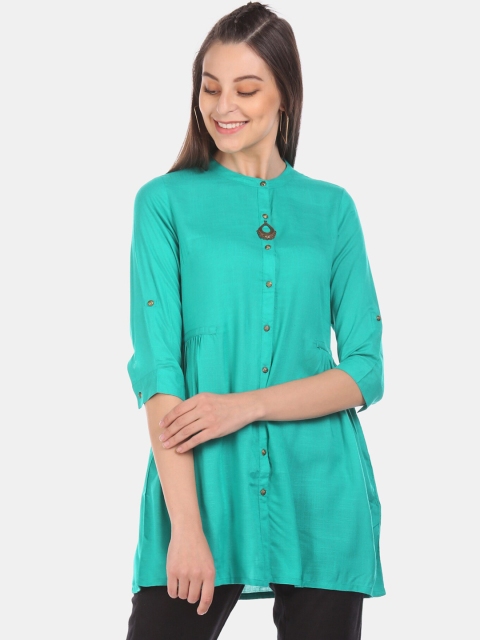 

Karigari Women Teal Blue Solid A-Line Flared Hem Kurti