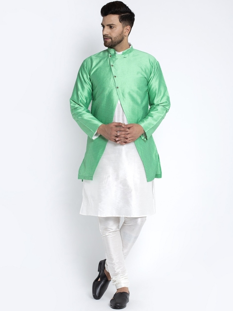 

Benstoke Men White & Green Solid Dupion Silk Kurta Set