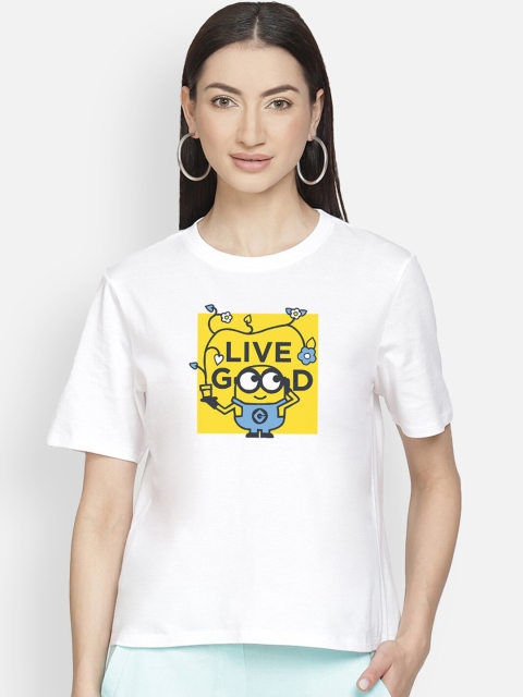 Free Authority Women White Minion Printed Round Neck T-shirt