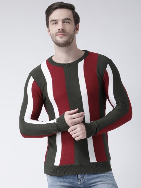 

Club York Men Olive Green & Red Striped Knitted Woollen Pullover
