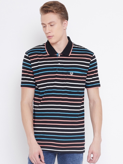 

Duke Men Black Striped Polo Collar T-shirt