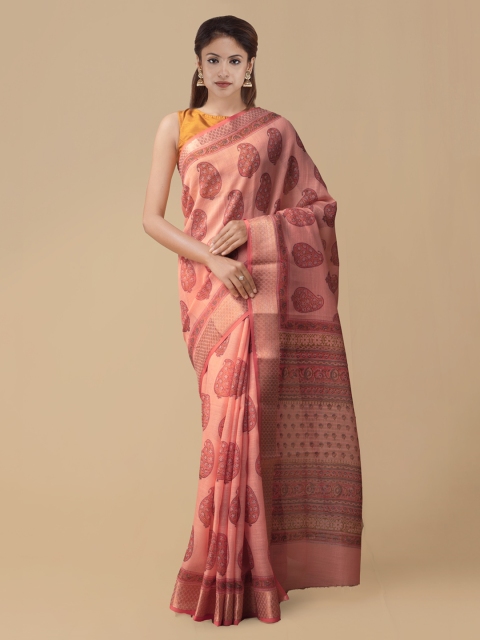 

Unnati Silks Peach-Coloured & Red Silk Printed Linen Saree