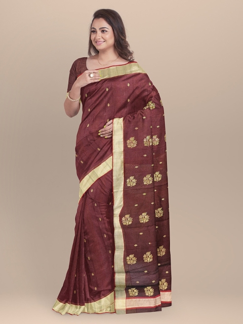 

BharatSthali Maroon & Gold-Toned Silk Cotton Woven Design Chanderi Saree