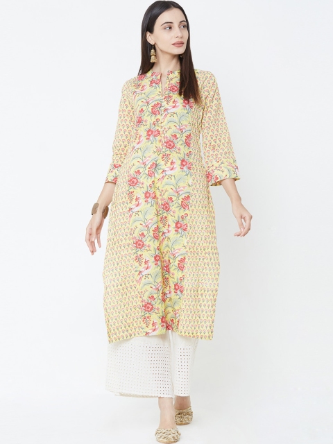

FASHOR Women Yellow & Pink Floral Printed Straight Cotton Kurta