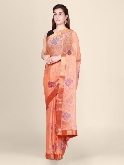 

CLAI WORLD Orange Printed Brasso Handloom Saree