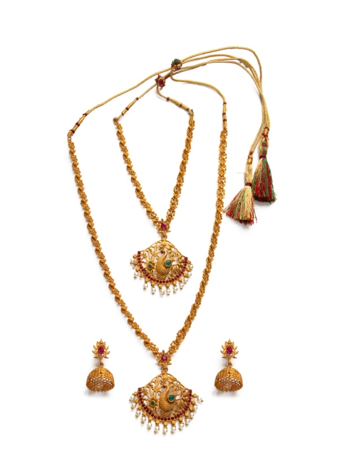 

Alankruthi Gold-Plated Red & Green Stone-Studded Temple Unique Jewellery Set