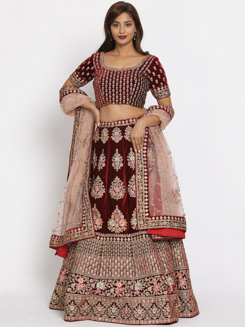 

Koskii Women Maroon & Gold-Coloured Embellished Velvet Semi-Stitched Lehenga & Unstitched Blouse with Dupatta